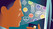 Illustration of a person looking at a computer screen while holding a credit card. The computer is analyzing the person's face for emotions.