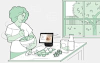 Illustration of a person using the Echo 10 for recipe help while baking in their kitchen.