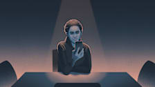 Illustration of a person sitting at a table speaking into their cellphone being lit like they're being interrogated.