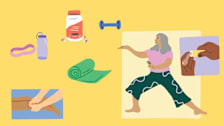 illustration of workout equipment, person doing tai chi, and hand massage