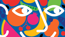 illustration of graphic face with fruits and vegetables in background