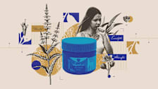 A collage of images that includes a container of Vick's VaporRub, a person coughing and the medicinal plants that are included in Vick's ingredients.