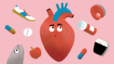illustration of heart, fish, pills, scale, apple and sneaker icons