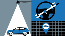 illustration of car under spot light, lock on steering wheel, and car location on map