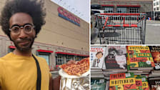 Brian with a pizza slice outside of Costco, the book section of Costco, shopping cart outside of Costco