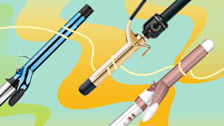 three curling irons with illustrated pieces of hair wrapping around them