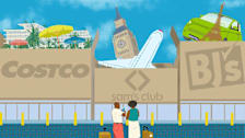 Illustration of 2 people with luggage in front of Costco, Sam's Club and BJ's boxes with travel items inside