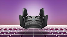 TP-Link router floating over a futuristic neon grid background.