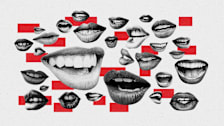Many open mouths on background of red rectangles.