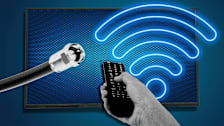 A photo collage of a coaxial cable and a wifi symbol on a TV with a hand holding a remote control.