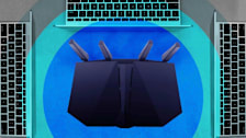 Router surrounded by 3 laptops and rings of blue colors