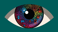 Illustration of eye with digital privacy icons and patterns