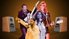 A photo collage of Edifier speakers, Bruce Springsteen, Taylor Swift, Beyonce, and Bad Bunny