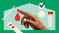 illustration of hand with home medical test supplies around it