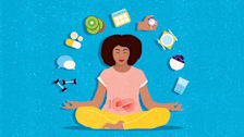 illustration of person in meditation position with exercise, food, water, and other symbols floating around them