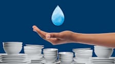 A photo collage showing a Black person's hand reaching out to collect an illustrated water drop in front of stacks of dishes.