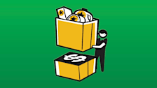 illustration of person holding grocery bag cut in 1/2 to show savings