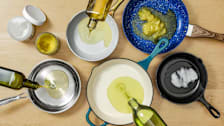 Coconut Oil, Ghee and Grapeseed Oil, Avocado Oil, Sesame oil being poured into pans
