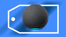 Amazon Echo Dot in front of Black Friday 2023 price tag and blue gradient.