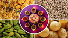 A collage of photos that includes Diwali oil lights, rice chivda, uncooked lentils, cardamom pods, and pani puri