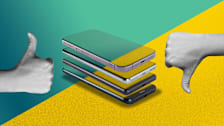 Photo illustration of a stack of different cell phones with a thumbs up and thumbs down.
