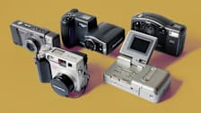 Panasonic, Olympus, Ricoh, Nikon older model digital cameras on yellow background