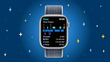 Apple Watch OS9 showing sleep tracking on its screen surrounded by stars.