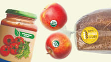 collage of tomato sauce with "no sugar added" label, 2 apples with "USDA organic" label, and loaf of bread with "100% whole grain" label