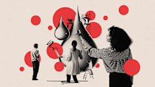illustration of various people doing different things around water drop (holding computer, writing, painting)