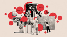 Photo collage with 3 women with a microscope above them surrounded by items that contain Lead or PFAS such as paper towels, water bottles, furniture fabric, and olive oil.