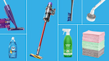 Clockwise: Reach Ultraclean Toothbrush, Voweek Electric Spin Scrubber, Amazon Basics Microfiber Cleaning Cloths, Method Cleaning Product, Dyson Outsize+ Logo,Dawn Original Dishwashing Liquid, and Swiffer WetJet Mop