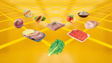 Chicken breast, romaine lettuce, ground beef, ground turkey, onion, cold cuts, papaya, cantaloupe, flour and peaches on a a yellow/orange background with grid lines