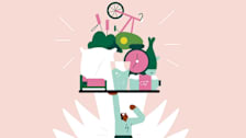 illustration of person holding up tray with bed, water, clock, bike, water, fish, and vegetables over their head