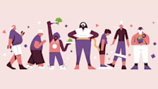 illustration of line of different people exercising and eating vegetables