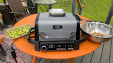 Ninja Woodfire Grill on orange table with asparagus and wings on either side