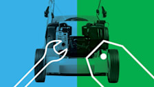 Wrench icon on left, price tag icon on right on top of lawn mower