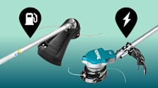 Echo gas string trimmer and Makita battery string trimmer in front of a blue background.