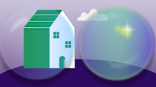 An illustration of a house leaving one bubble into a shinier new bubble.
