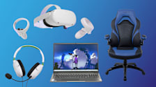 Clockwise: Meta Quest 2 Headset, Staples Emerge Vortex Gaming Chair, Lenovo IdeaPad 5i Gaming Chromebook 16, and Turtle Beach Recon 50 Gaming Headset