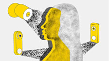 Illustration of a person's profile being lit by several security camera devices