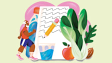 illustration of person in workout clothes walking past water bottle, glass of water, pencil, paper, bok choy, arugula, apple, and almond