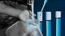A photo collage of a resident of Jackson, Mississippi, checking the water at the kitchen sink and an image of test tubes.