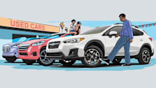 illustration of family next to Subaru with other cars in Used Car lot