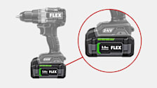 A flex drill and battery with a red circle around the enlarged battery