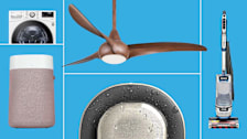 a roundup of products including MinkaAire light wave 52 ceiling fan, kohler moxie bt showerhead, blueair blue pure 211i max air purifier, LG washing machine, shark stratos vacuum