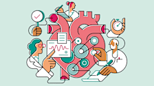 illustration of doctors with clipboards, paperwork, and monitors surrounding heart with gears