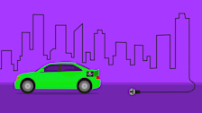 Illustration of a cityscape made by an EV charger that isn't long enough to get to an EV socket.