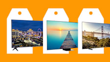 hree TVs on an orange background with shopping tags