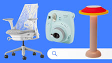 From left: Herman Miller Sayl Chair, Fujifilm Instax Mini 9, and Sowden Rechargeable Portable Lamp on blue background with search bar icon
