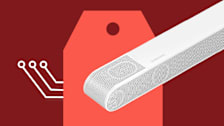 Samsung soundbar on shopping deals tag with a red background and circuit board icons.